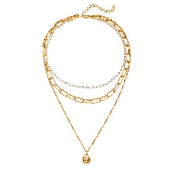 NEW Gold Triple Layer Coin Chain Pearl Necklace - Picture 4 of 9